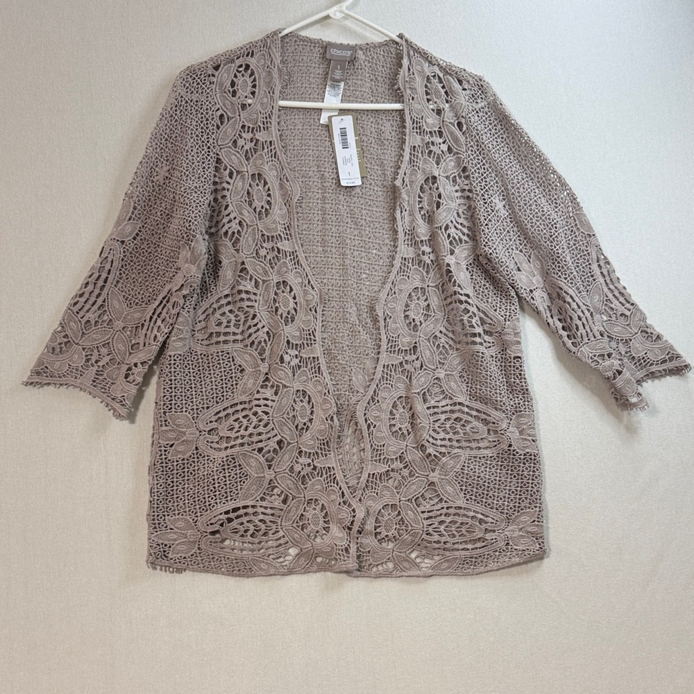 Chico's Crochet Open-Front Cardigan in Taupe